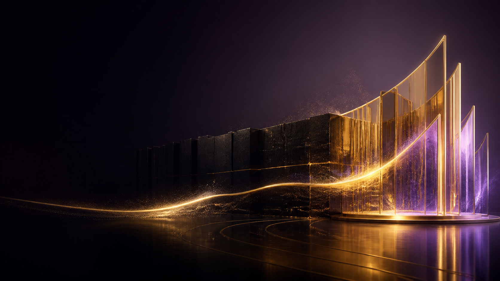 A custom abstract scene of resilient financial infrastructure transforming through a continuous golden flow.