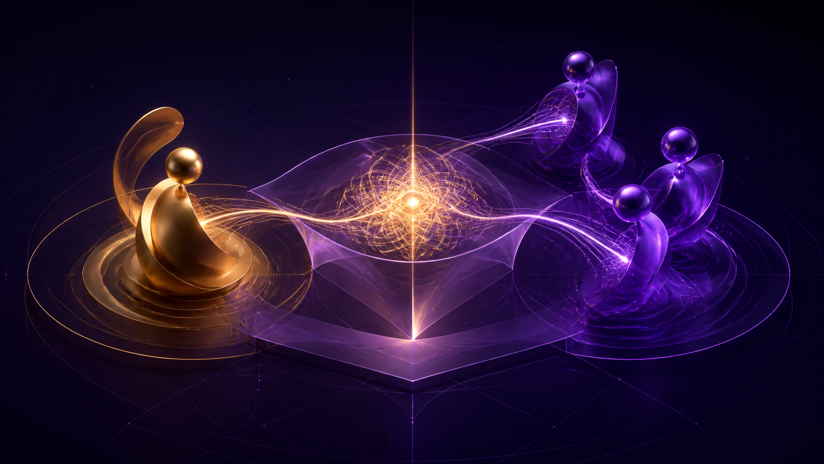 Abstract representation of human judgment, specialised AI agents, and a shared platform collaborating around one delivery outcome.