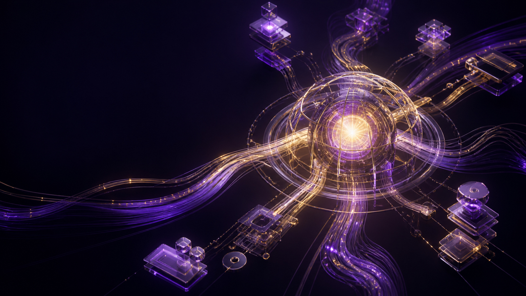Abstract representation of AATMIX AI connecting enterprise context, delivery signals, and governance through one intelligence core.