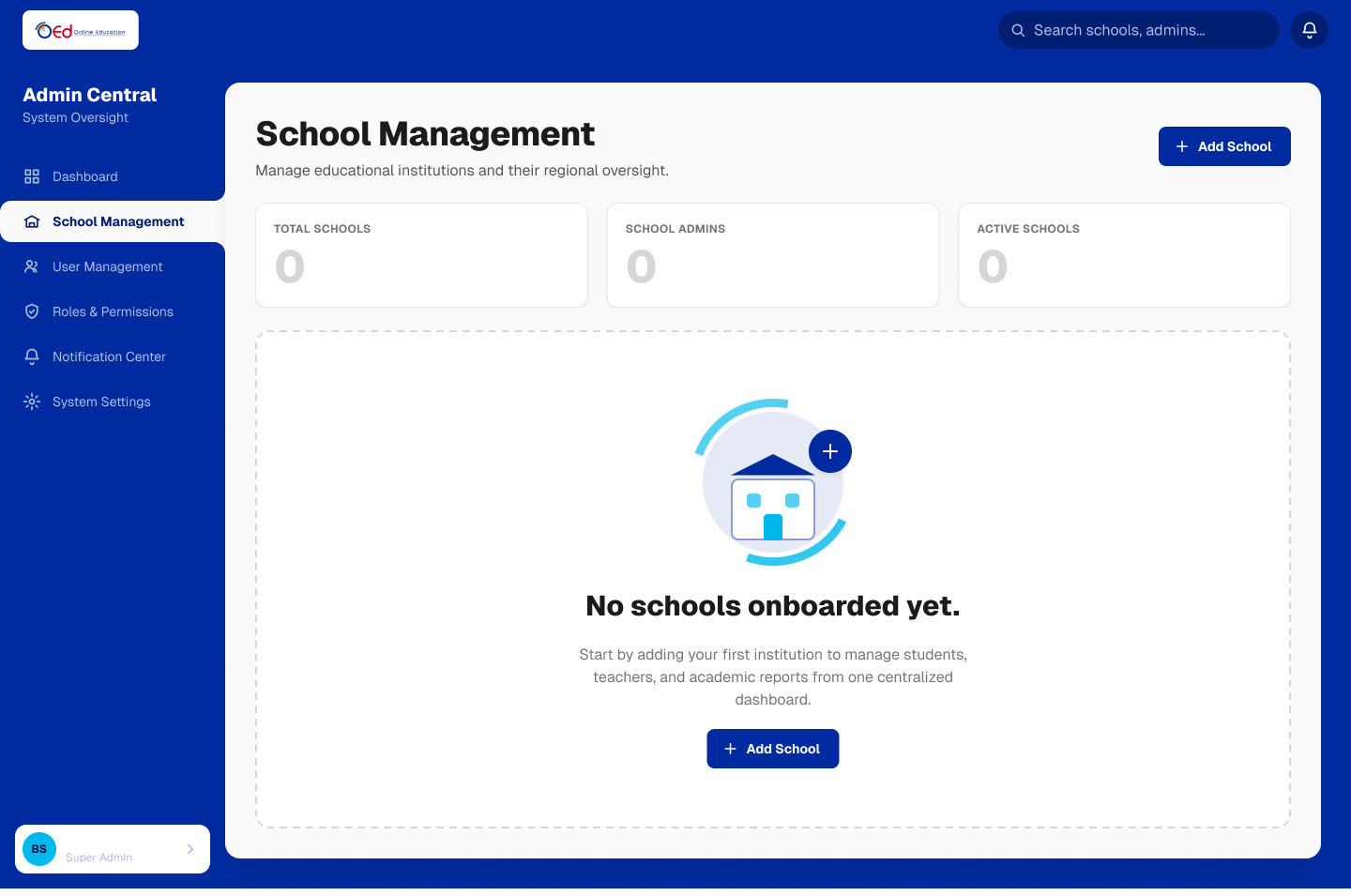 School management onboarding view