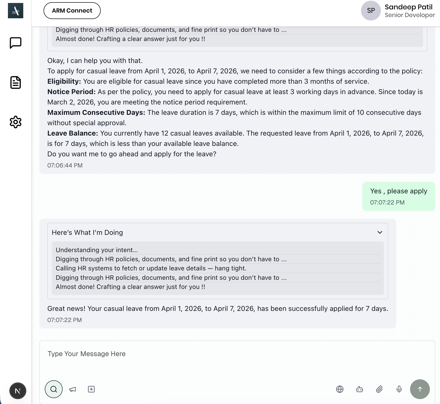 Assistant applying a leave request with approval flow