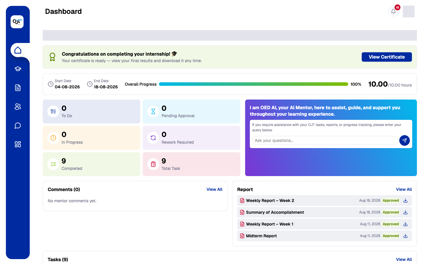 Student dashboard for the AI Powered Internship and Learning Platform