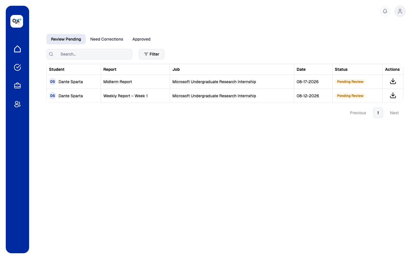 Institution reports view for the learning platform